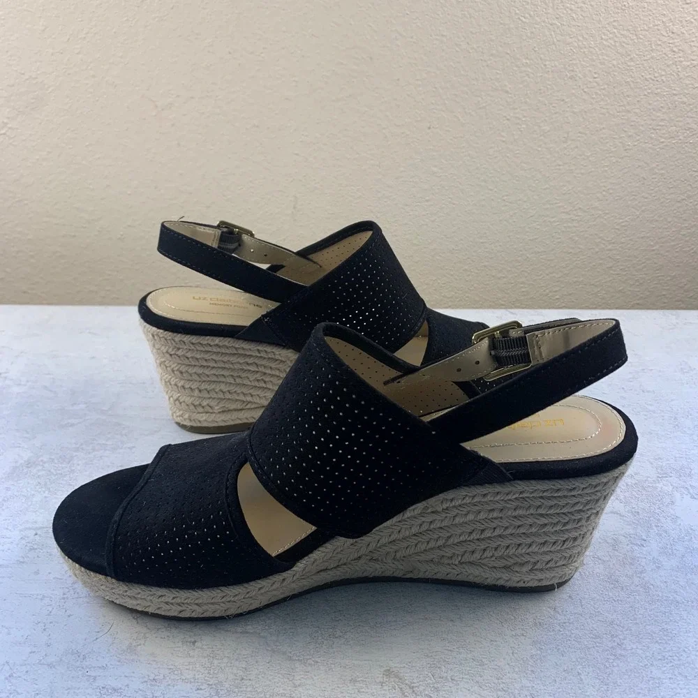 Liz Claiborne 8.5 Wedge Sandals Black LC Hatcher Perforated Espadrille Slingback
